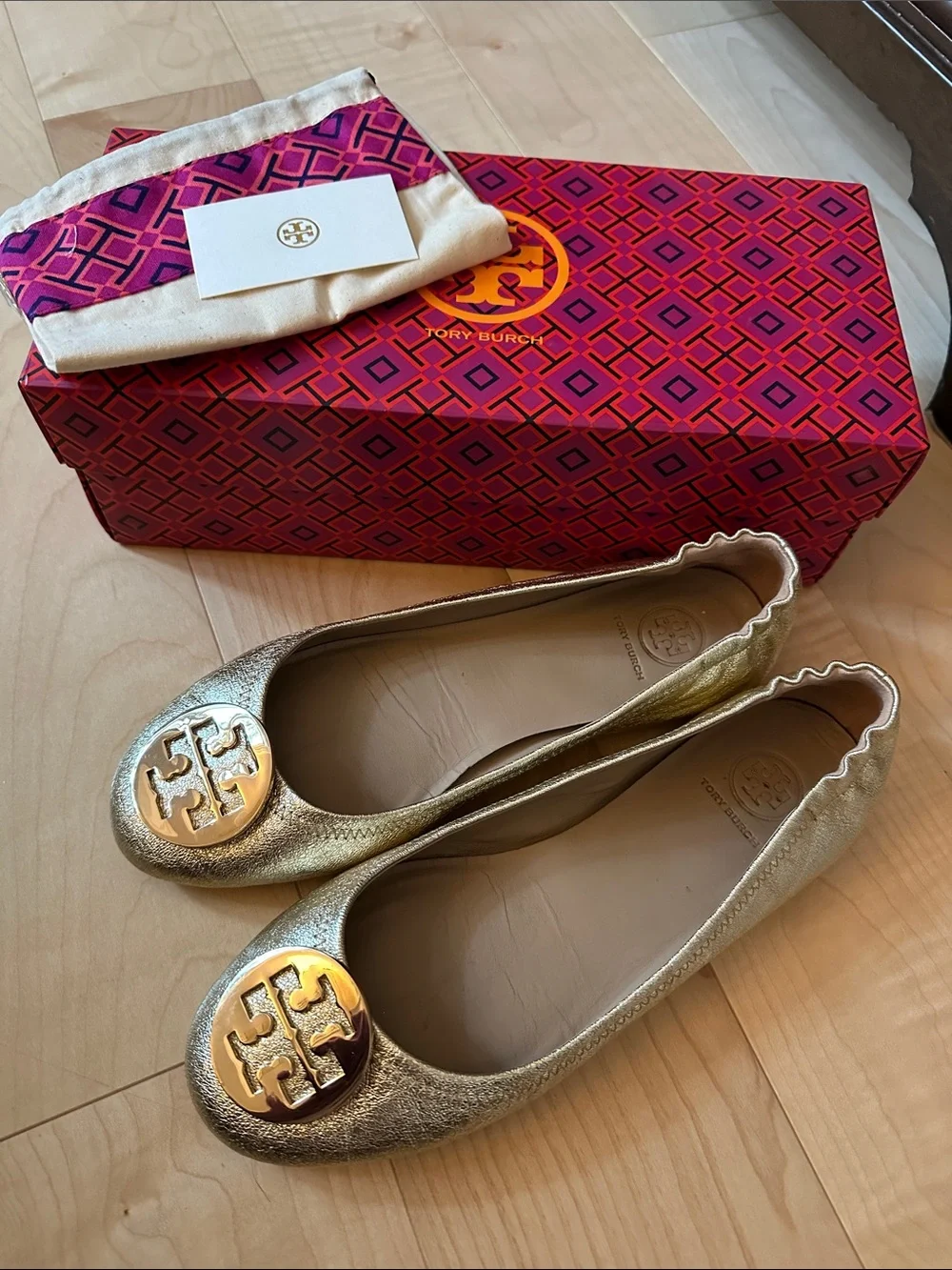 Tory Burch Metallic Gold Leather Logo Ballet Flats